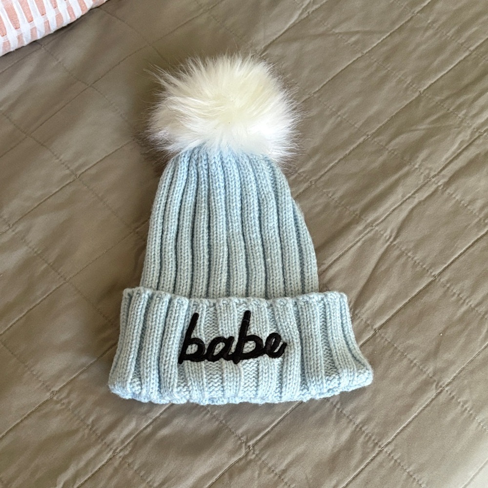 Light Blue Knit “BABE” Beanie with Pom Pom